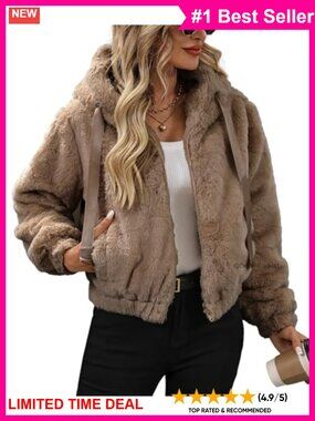 Faux Fur Crop Coat Full Zip Fleece Sherpa Jacket with Hood